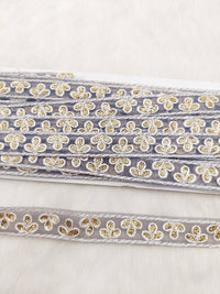 Thumbnail for Wholesale Grey Net Lace Floral Embroidery & Glitter Gold Sequins, Indian Wedding Border, Gifting Ribbon Costume Trim Fashion Trimming