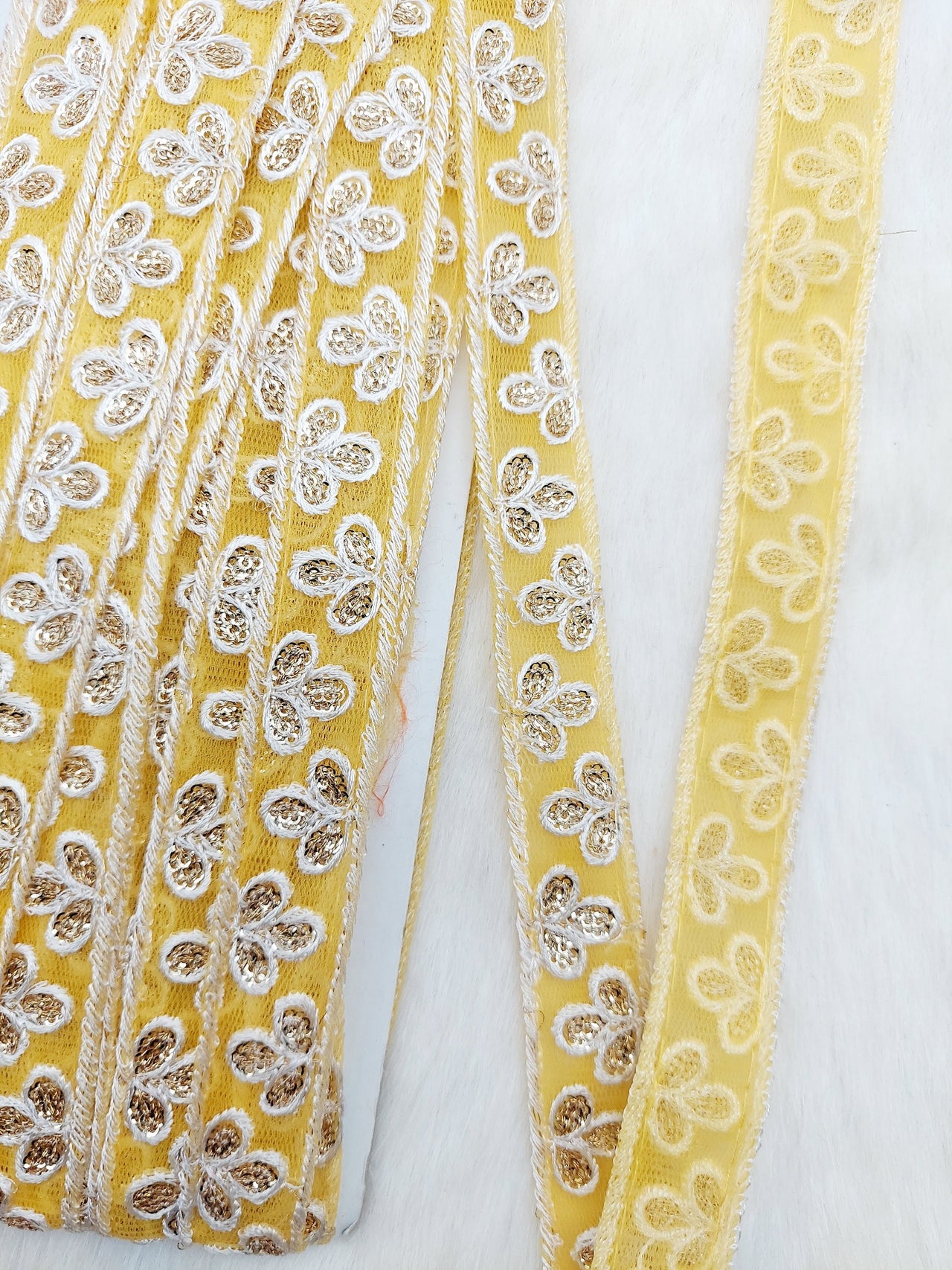 Wholesale Yellow Net Lace Floral Embroidery & Glitter Gold Sequins, Indian Wedding Border, Gifting Ribbon Costume Trim Fashion Trimming