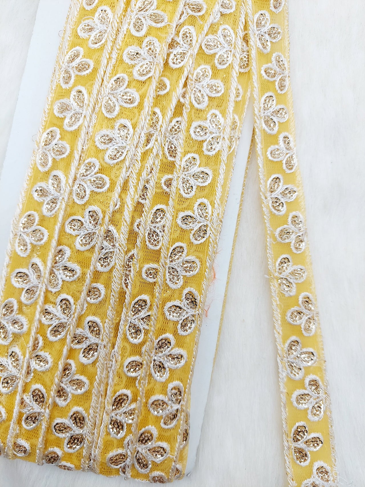 Wholesale Yellow Net Lace Floral Embroidery & Glitter Gold Sequins, Indian Wedding Border, Gifting Ribbon Costume Trim Fashion Trimming