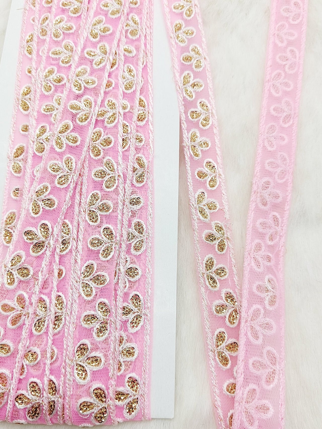 Wholesale Pink Net Lace Floral Embroidery & Glitter Gold Sequins, Indian Wedding Border, Gifting Ribbon Costume Trim Fashion Trimming