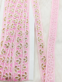 Thumbnail for Wholesale Pink Net Lace Floral Embroidery & Glitter Gold Sequins, Indian Wedding Border, Gifting Ribbon Costume Trim Fashion Trimming