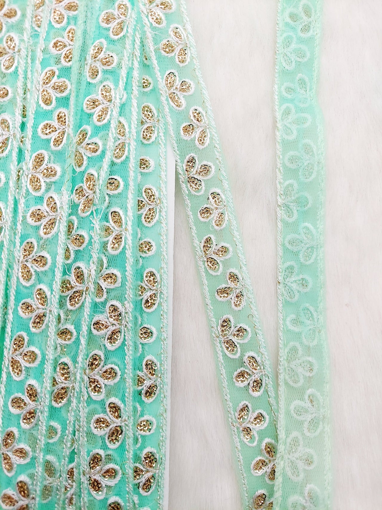 Wholesale Mint Green Net Lace Floral Embroidery & Glitter Gold Sequins, Indian Wedding Border, Gifting Ribbon Costume Trim Fashion Trimming