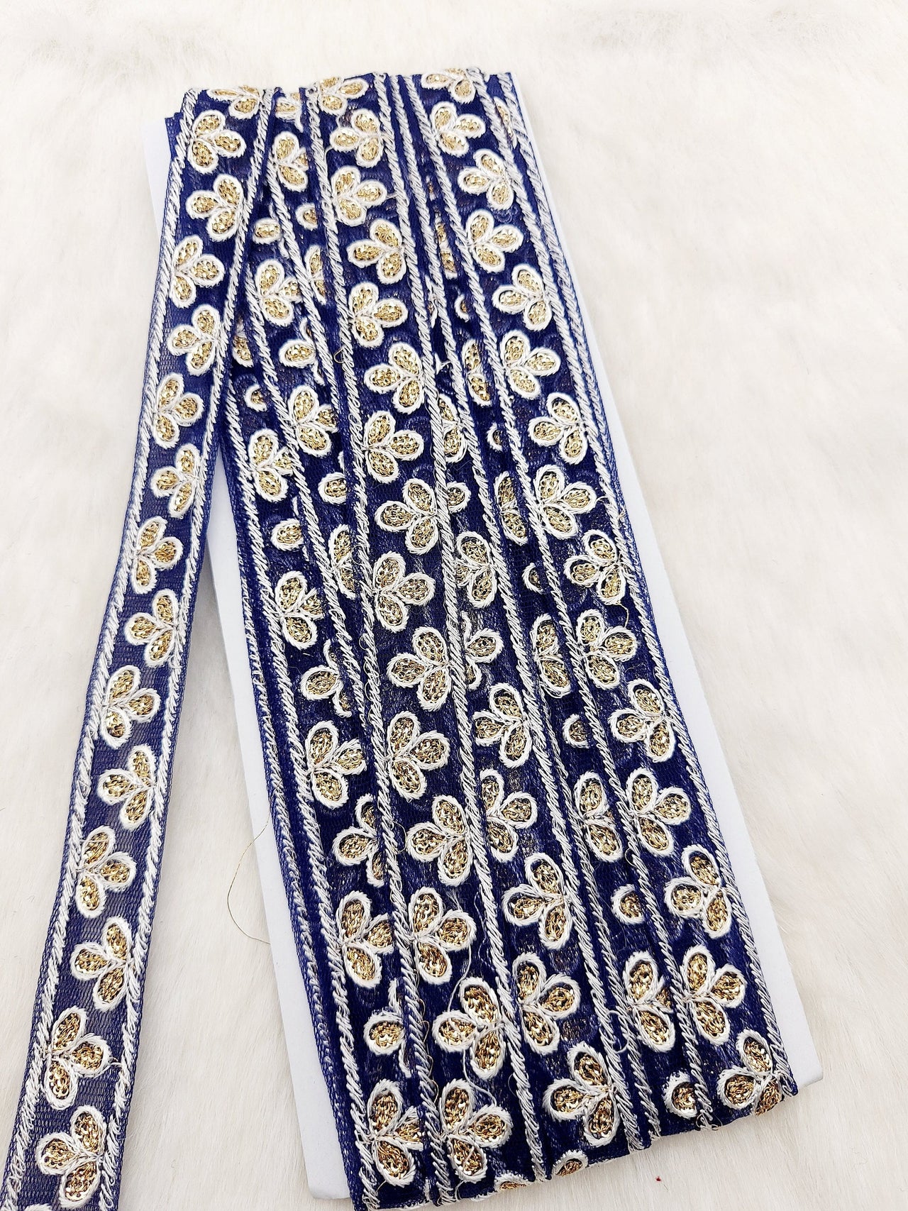 Wholesale Navy Blue Net Lace Floral Embroidery & Glitter Gold Sequins, Indian Wedding Border, Gifting Ribbon Costume Trim Fashion Trimming