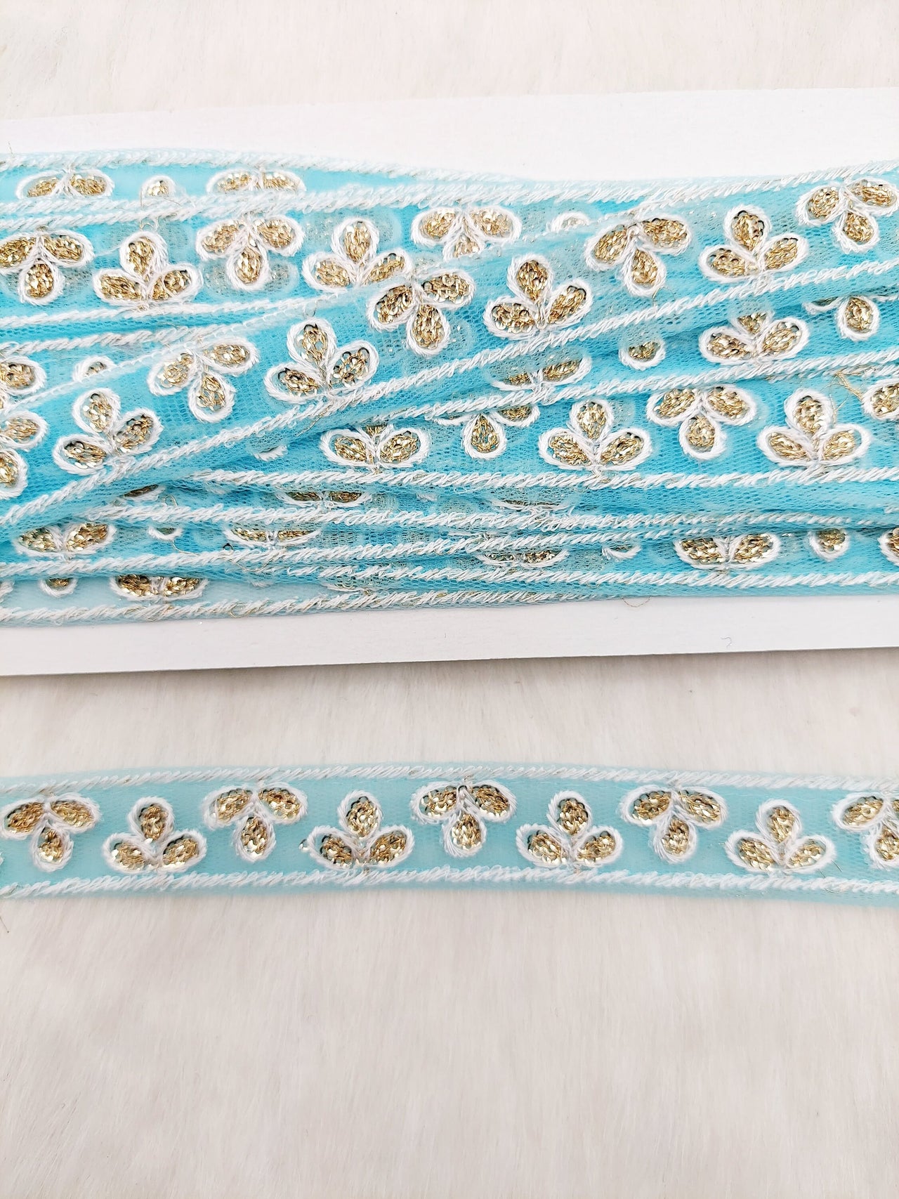 Wholesale Sky Blue Net Lace Floral Embroidery & Glitter Gold Sequins, Indian Wedding Border, Gifting Ribbon Costume Trim Fashion Trimming