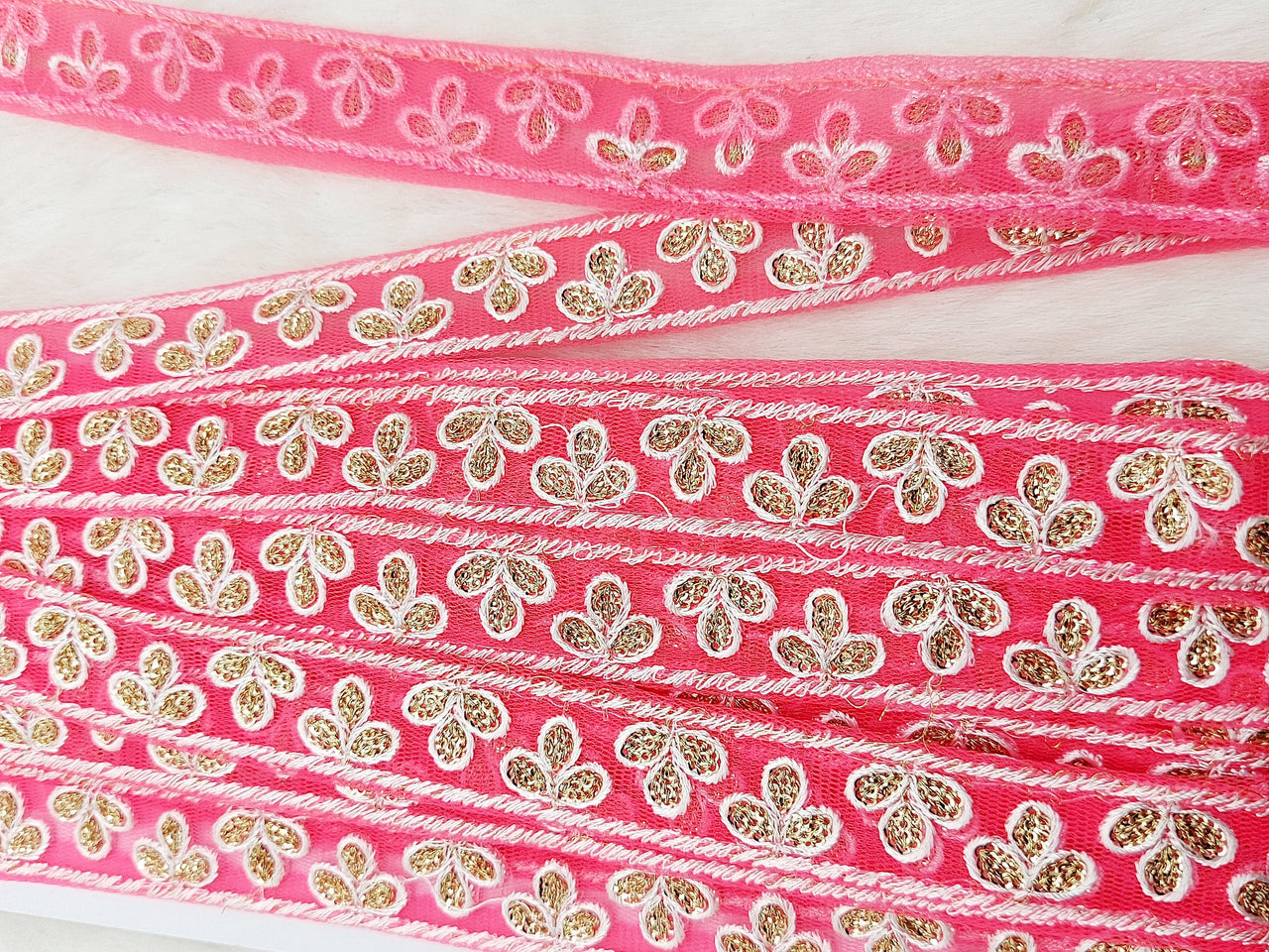 Wholesale Cerise Pink Net Lace Floral Embroidery & Glitter Gold Sequins, Indian Wedding Border, Gifting Ribbon Costume Trim Fashion Trimming