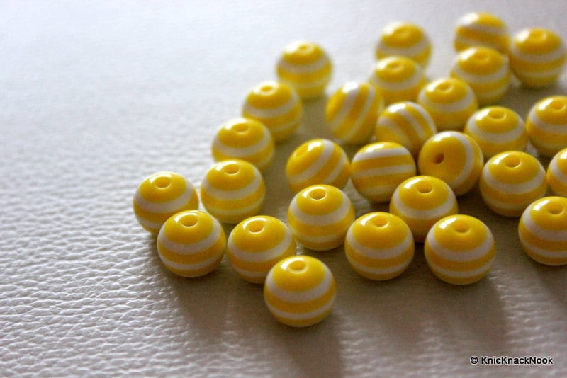 10mm Yellow Striped Round Resin Spacer Beads x 10
