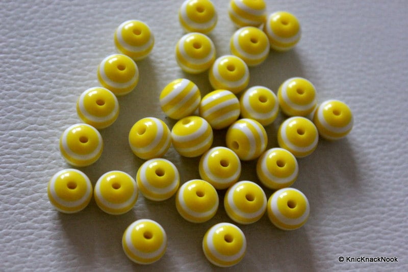 10mm Yellow Striped Round Resin Spacer Beads x 10