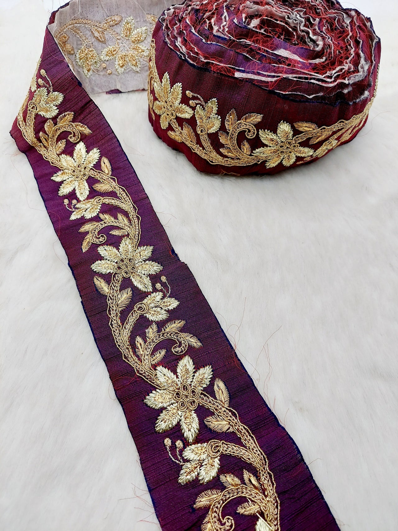 Wine Red Art Silk Fabric Trim With Gold Zari Embroidery, Floral Embroider Trimming, Trim By The Yard