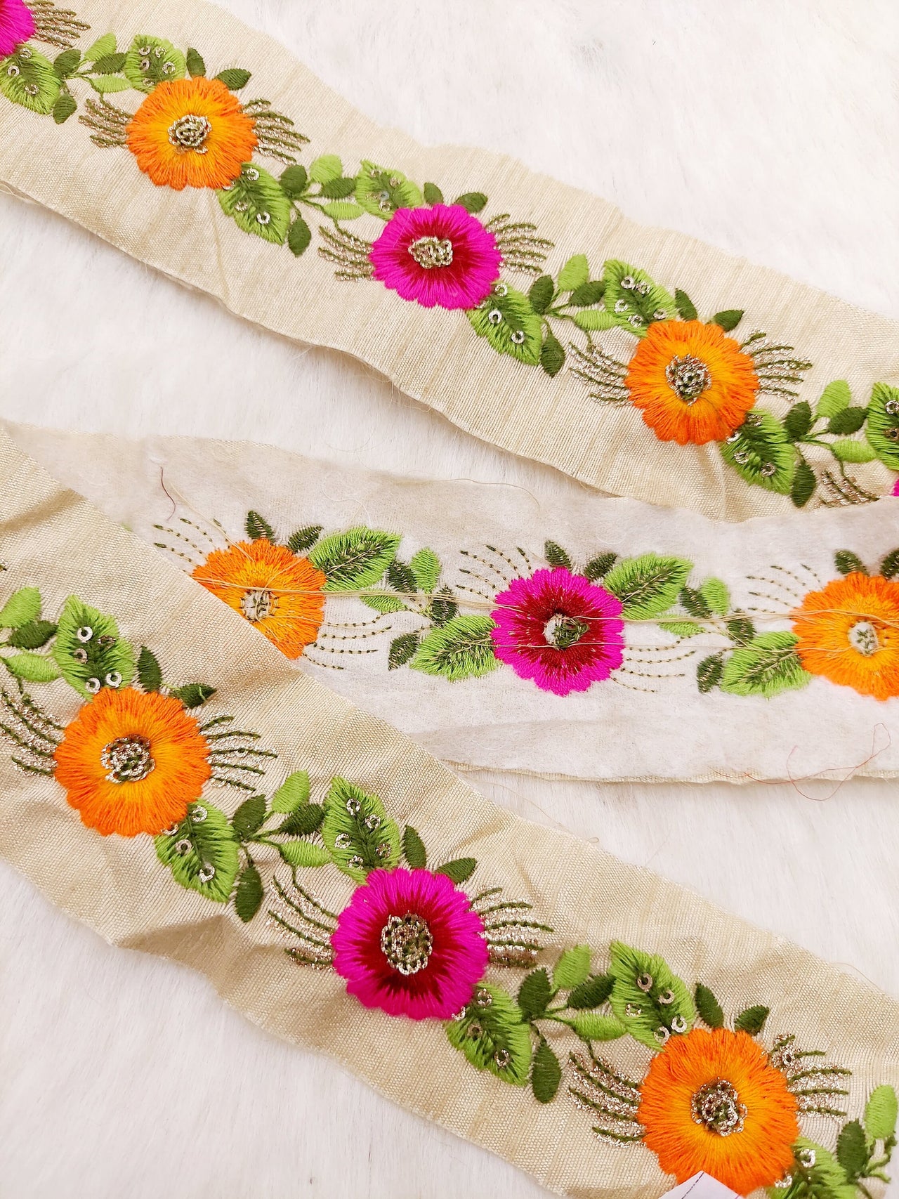 Beige Art Silk Fabric Trim With Pink and Yellow Floral Embroidery, Floral Embroider Trimming, Trim By The Yard