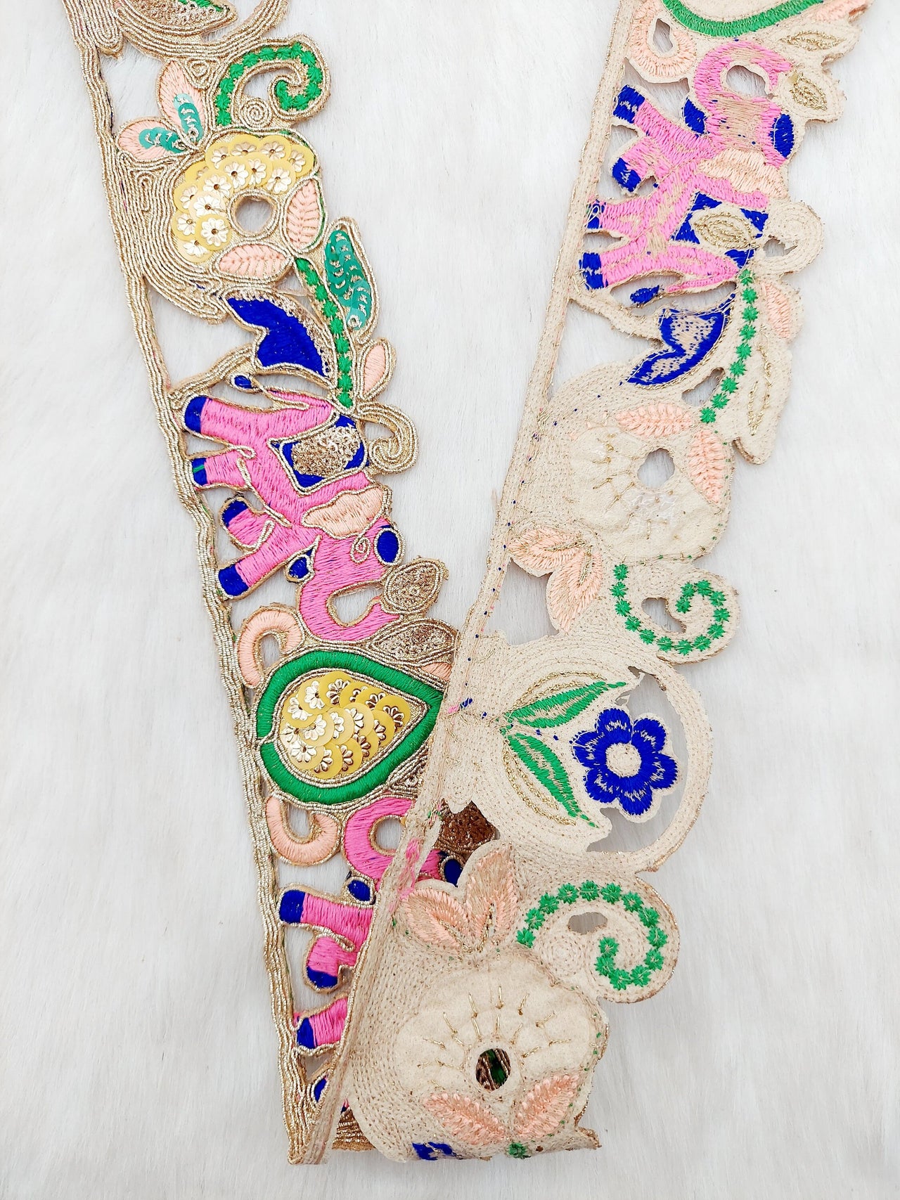 Cutwork Lace Trim With Intricate Hand Embroidered Elephants In Pink and Zardozi Embroidery, Floral Trims, Sari Border