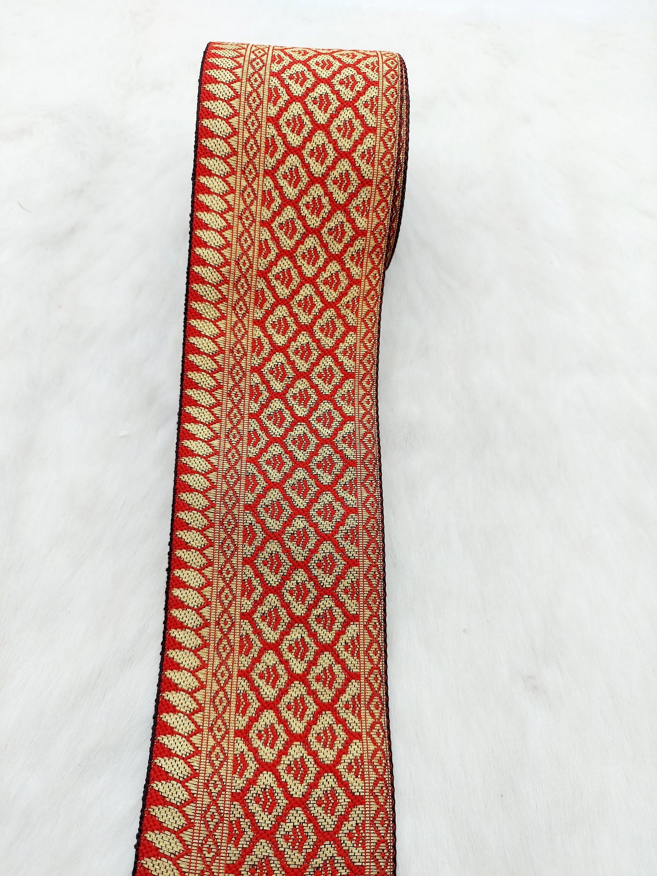 Jacquard Saree Border, Red And Gold Woven Thread Work Trim, Jacquard Trimming Decorative Trim