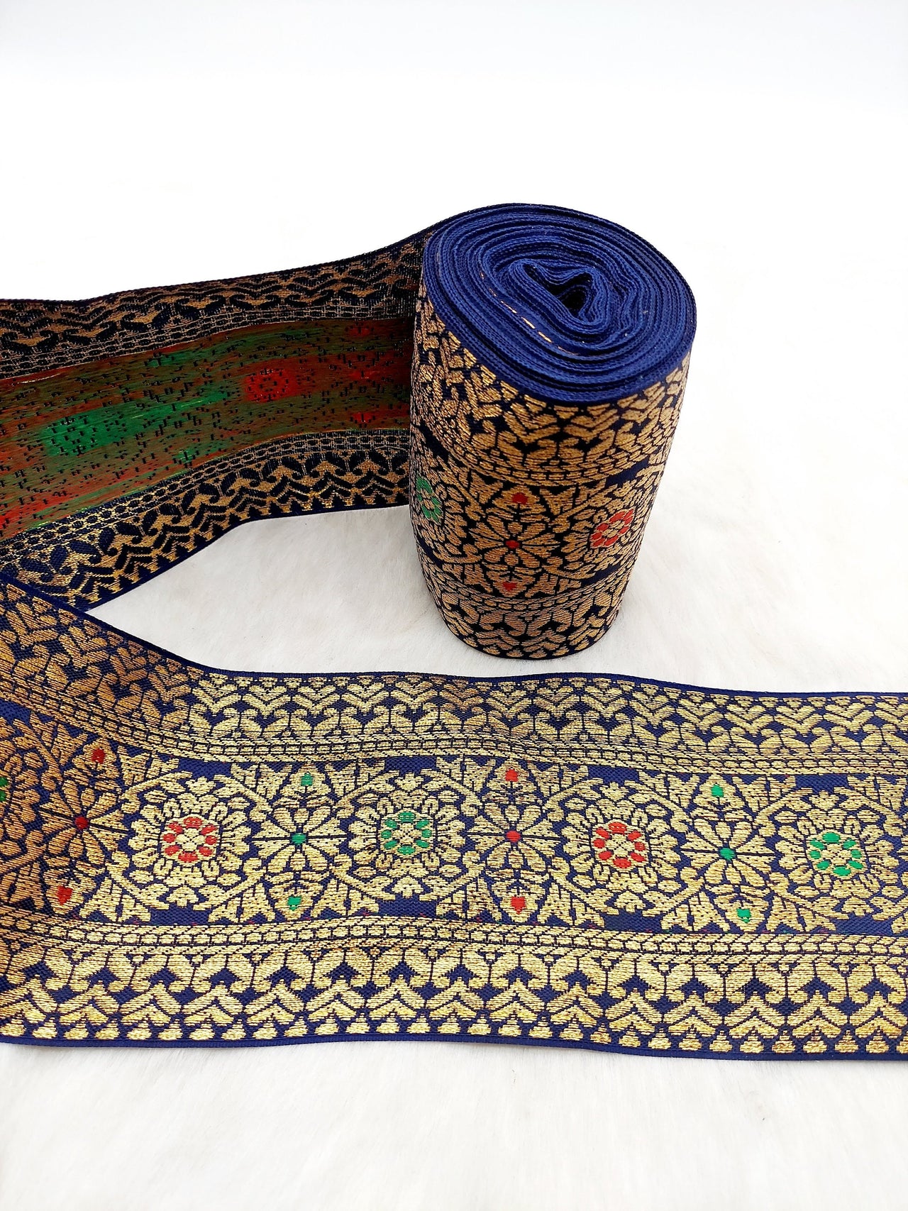 Jacquard Saree Border, Navy Blue And Gold Woven Thread Work Trim, Jacquard Trimming Decorative Trim