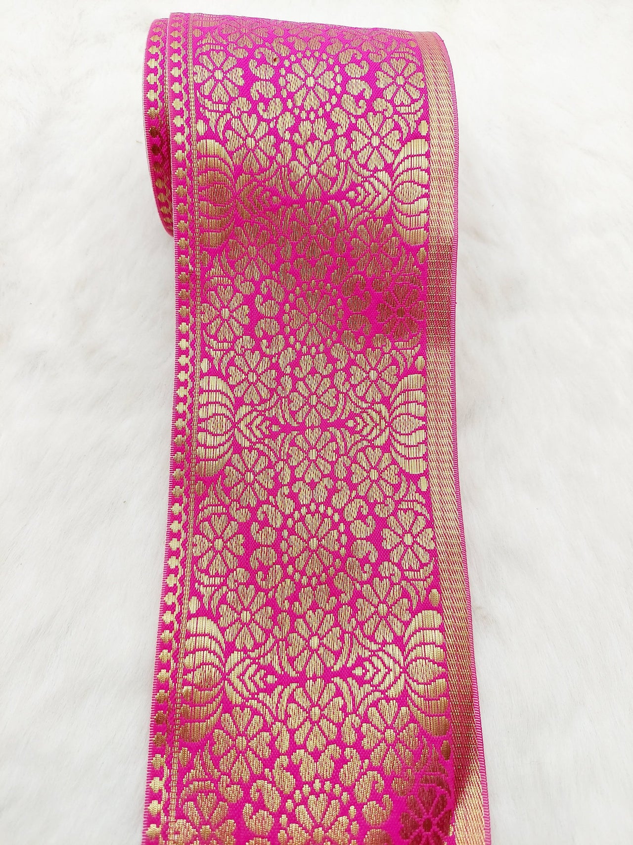 Jacquard Saree Border, Fuchsia Pink And Gold Woven Thread Work Trim, Jacquard Trimming Decorative Trim