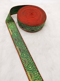 Thumbnail for Jacquard Saree Border, Green And Gold Woven Thread Work Trim, Jacquard Trimming Decorative Trim