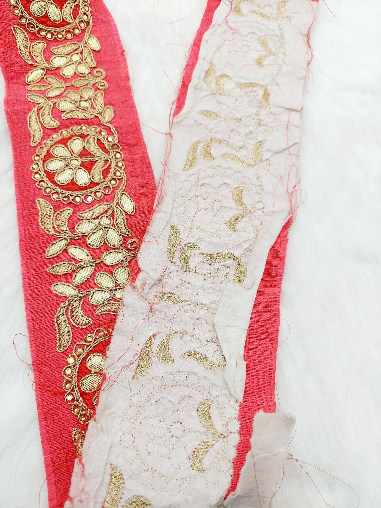 Red Art Silk Fabric Trim With Gold Zari Gota Patti Embroidery, Floral Embroider Trimming, Trim By The Yard