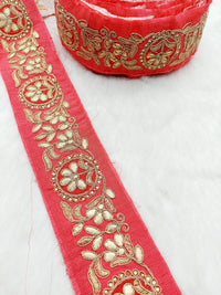 Thumbnail for Red Art Silk Fabric Trim With Gold Zari Gota Patti Embroidery, Floral Embroider Trimming, Trim By The Yard