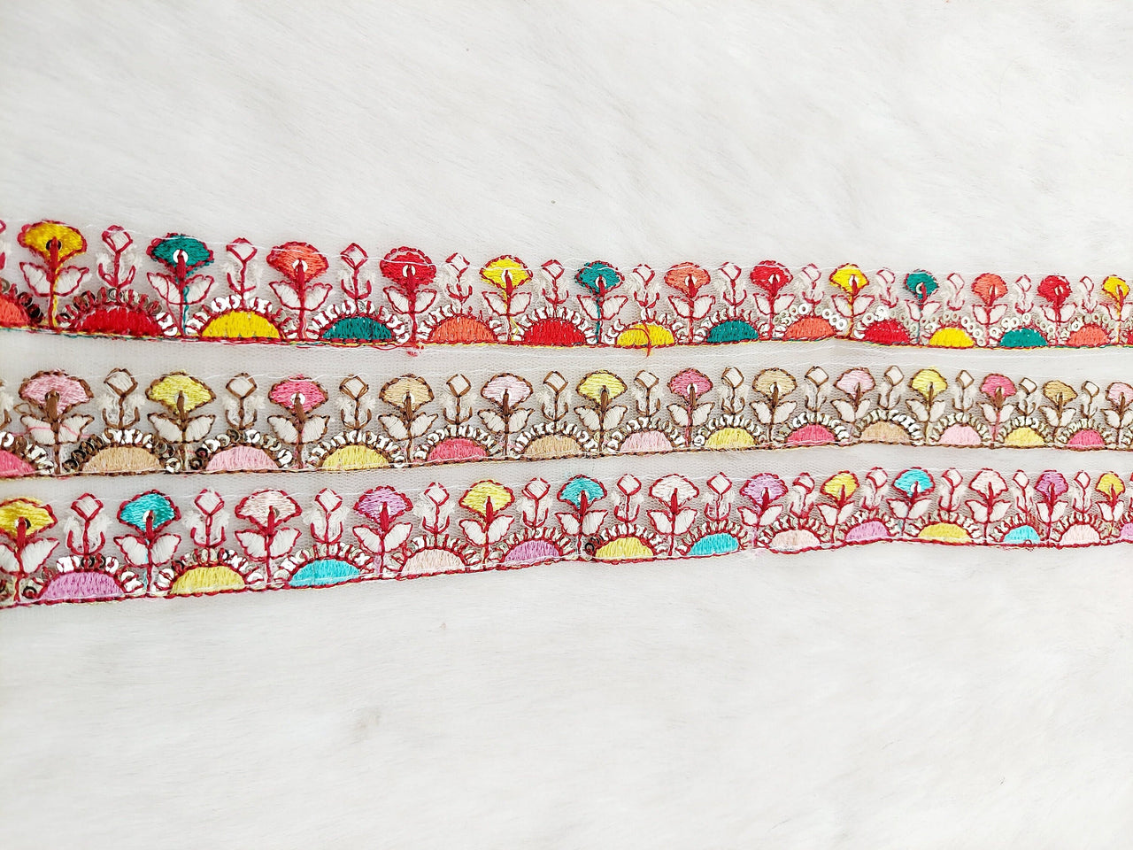 White Tissue Fabric Trim In Multicoloured Floral Embroidery With Matt Gold Sequins, Lace Trim By 9 Yards Indian Decorative Trim, Ribbon