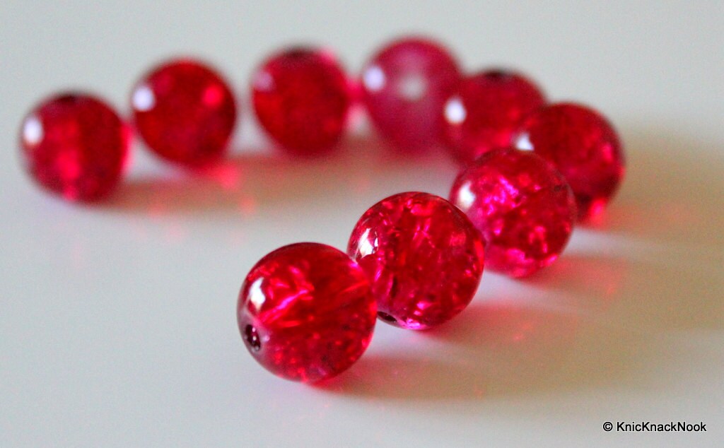 12mm Deep Pink Crackle Glass Beads x 10