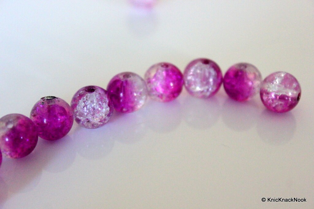 10 mm Purple and Clear Two Tone Crackle Glass Beads x 10