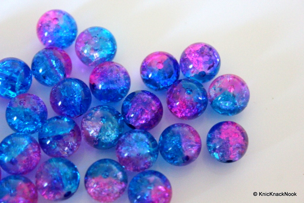 12 mm Pink and Turquoise Two Tone Crackle Glass Beads x 10