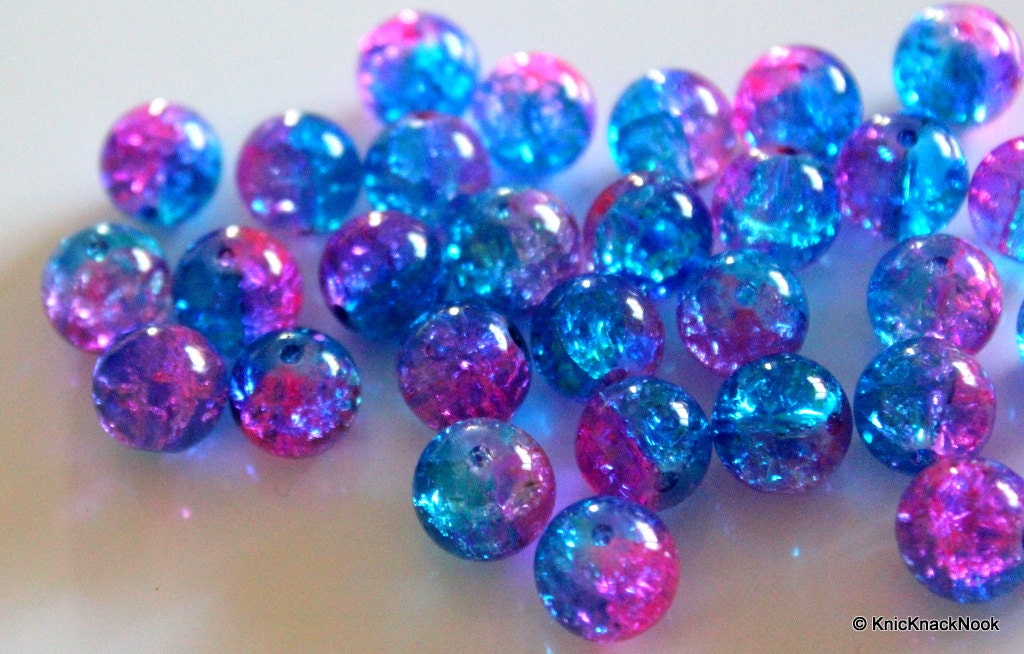 12 mm Pink and Turquoise Two Tone Crackle Glass Beads x 10