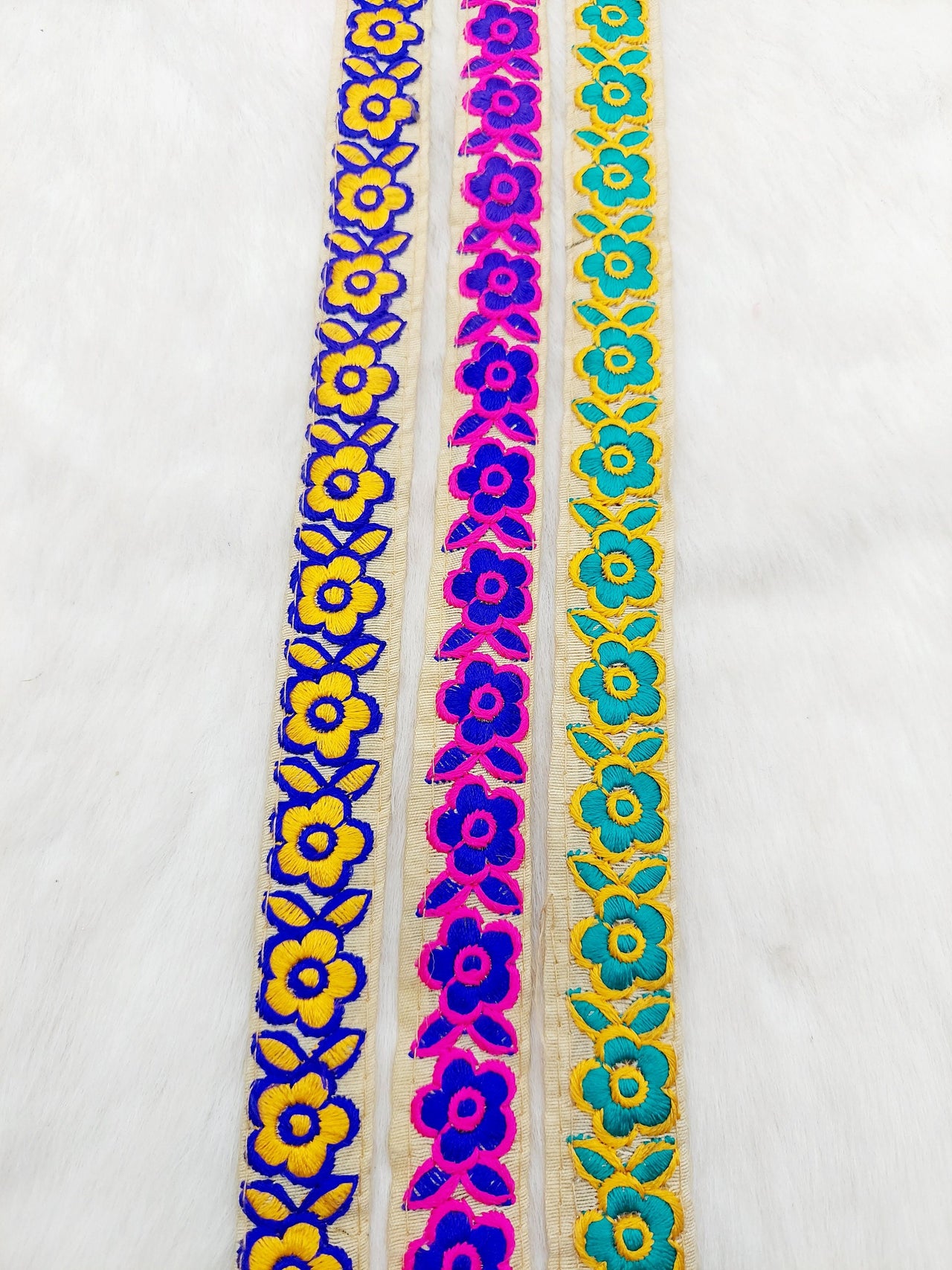 Beige Art Silk Lace Trim in Floral Embroidery, Decorative Trim, Trim By 3 Yards