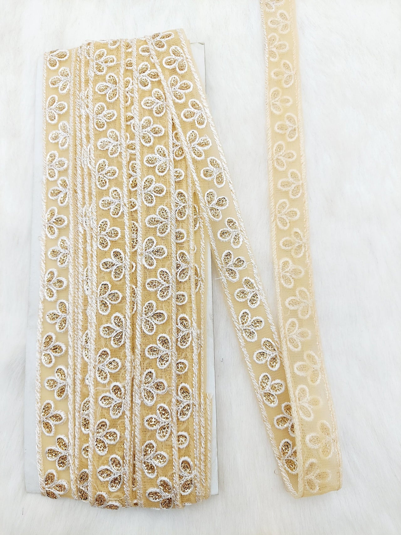 Wholesale Beige Net Lace Trim Floral Embroidery & Glitter Gold Sequins, Indian Wedding Border, Gifting Ribbon Costume Trim Fashion Trimming