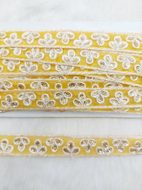 Thumbnail for Wholesale Yellow Net Lace Floral Embroidery & Glitter Gold Sequins, Indian Wedding Border, Gifting Ribbon Costume Trim Fashion Trimming
