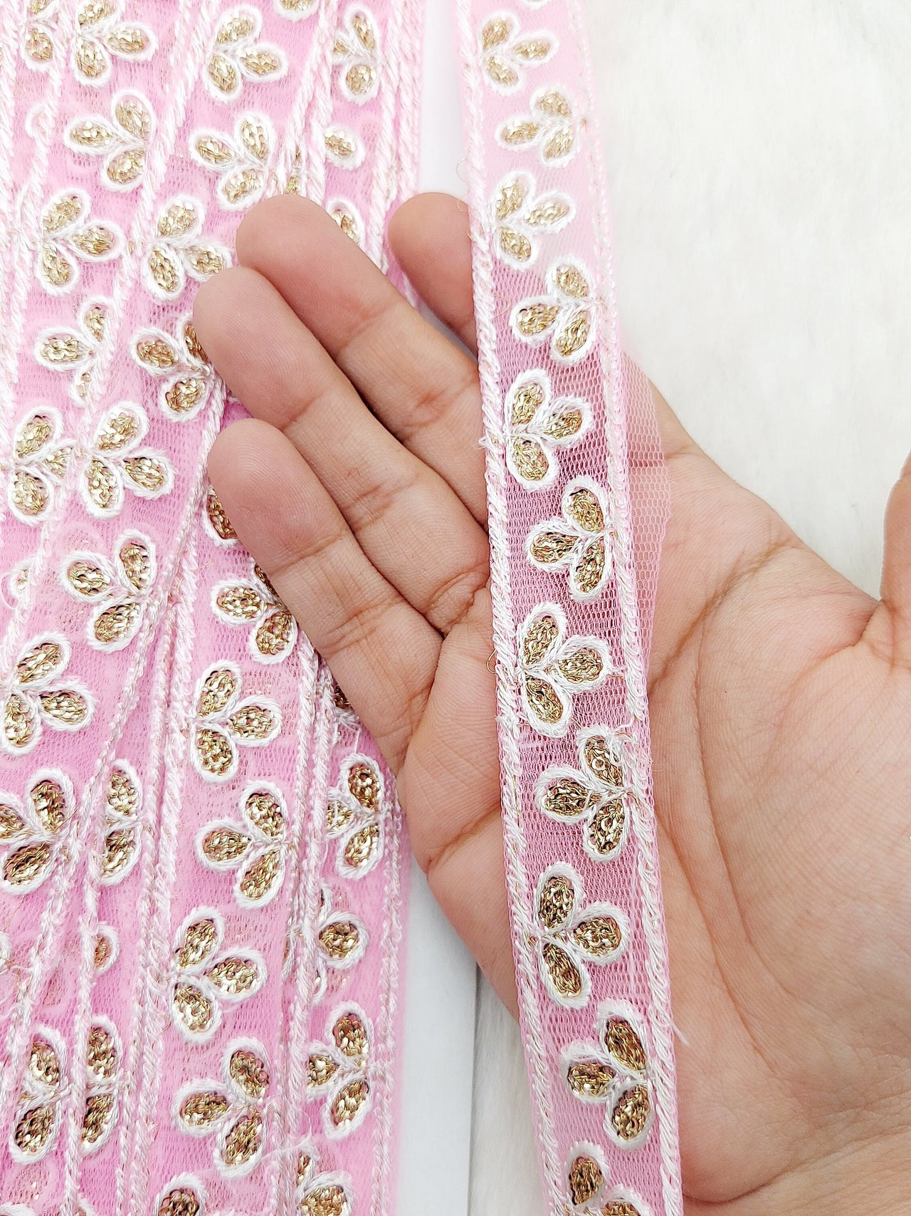 Wholesale Pink Net Lace Floral Embroidery & Glitter Gold Sequins, Indian Wedding Border, Gifting Ribbon Costume Trim Fashion Trimming