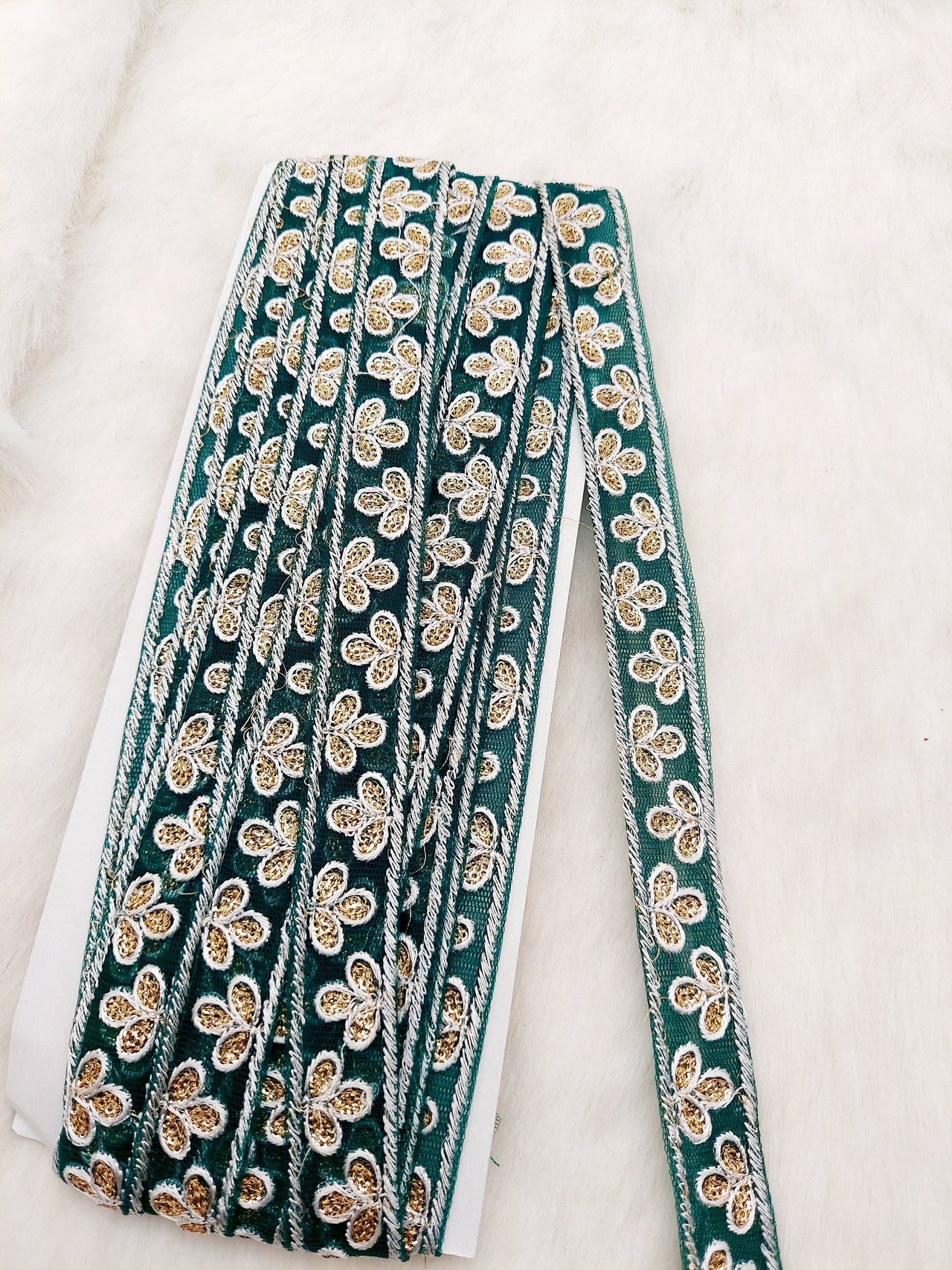 Wholesale Dark Green Net Lace Floral Embroidery & Glitter Gold Sequins, Indian Wedding Border, Gifting Ribbon Costume Trim Fashion Trimming
