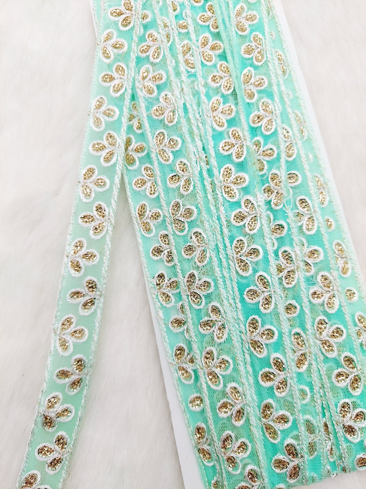 Wholesale Mint Green Net Lace Floral Embroidery & Glitter Gold Sequins, Indian Wedding Border, Gifting Ribbon Costume Trim Fashion Trimming