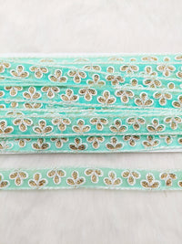 Thumbnail for Wholesale Mint Green Net Lace Floral Embroidery & Glitter Gold Sequins, Indian Wedding Border, Gifting Ribbon Costume Trim Fashion Trimming