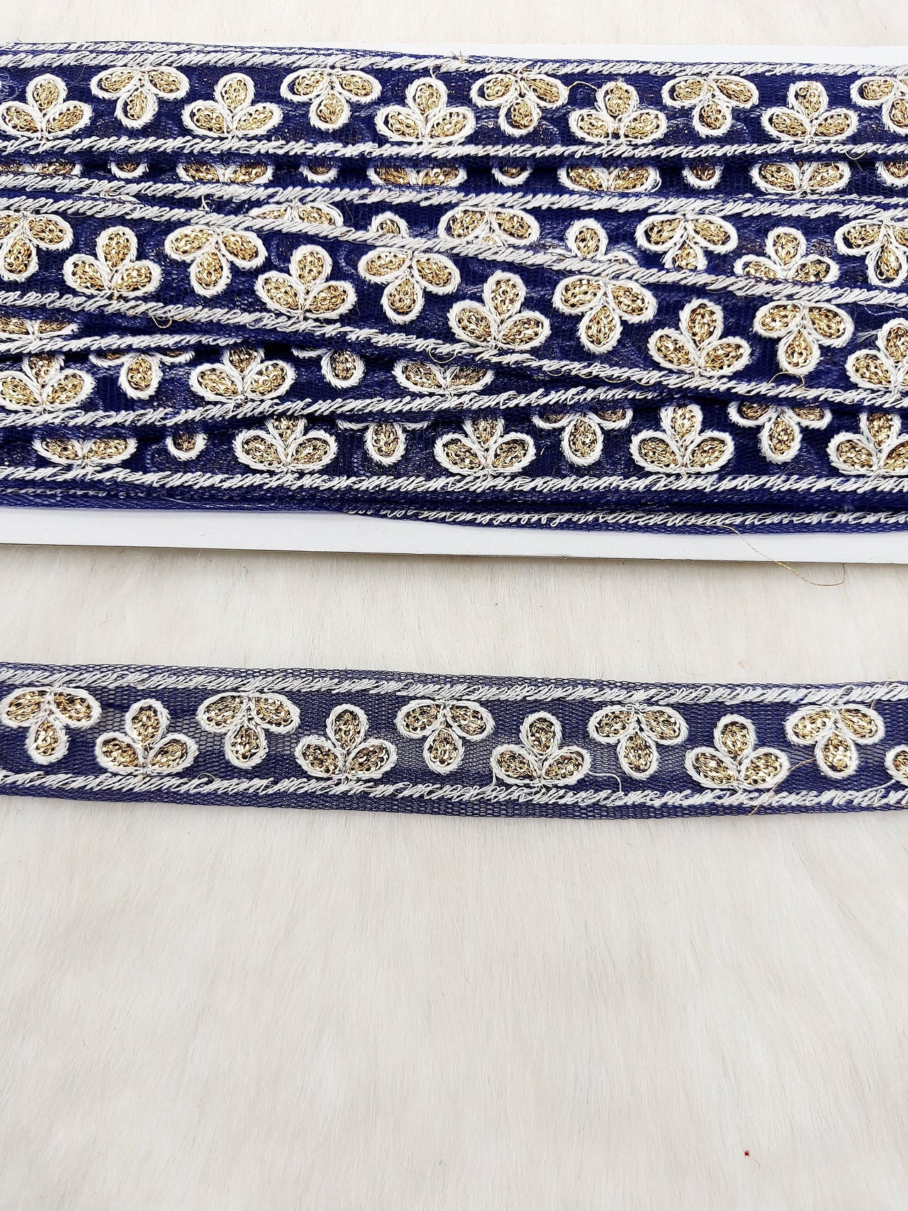 Wholesale Navy Blue Net Lace Floral Embroidery & Glitter Gold Sequins, Indian Wedding Border, Gifting Ribbon Costume Trim Fashion Trimming