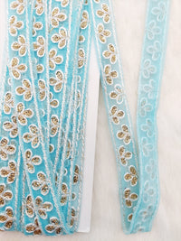 Thumbnail for Wholesale Sky Blue Net Lace Floral Embroidery & Glitter Gold Sequins, Indian Wedding Border, Gifting Ribbon Costume Trim Fashion Trimming