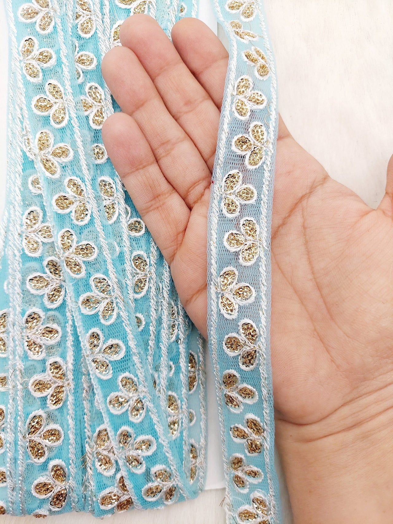 Wholesale Sky Blue Net Lace Floral Embroidery & Glitter Gold Sequins, Indian Wedding Border, Gifting Ribbon Costume Trim Fashion Trimming