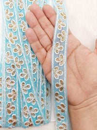 Thumbnail for Wholesale Sky Blue Net Lace Floral Embroidery & Glitter Gold Sequins, Indian Wedding Border, Gifting Ribbon Costume Trim Fashion Trimming