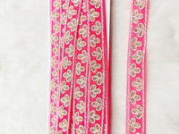 Thumbnail for Wholesale Cerise Pink Net Lace Floral Embroidery & Glitter Gold Sequins, Indian Wedding Border, Gifting Ribbon Costume Trim Fashion Trimming