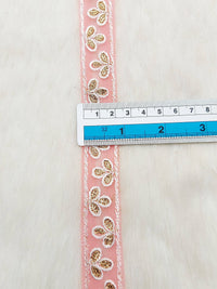 Thumbnail for Wholesale Peach Net Lace Floral Embroidery & Glitter Gold Sequins, Indian Wedding Border, Gifting Ribbon Costume Trim Fashion Trimming