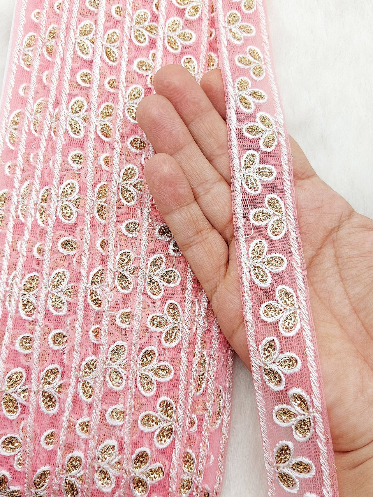 Wholesale Peach Net Lace Floral Embroidery & Glitter Gold Sequins, Indian Wedding Border, Gifting Ribbon Costume Trim Fashion Trimming