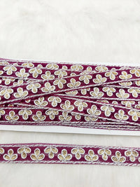 Thumbnail for Wholesale Wine Red Net Lace Floral Embroidery & Glitter Gold Sequins, Indian Wedding Border, Gifting Ribbon Costume Trim Fashion Trimming