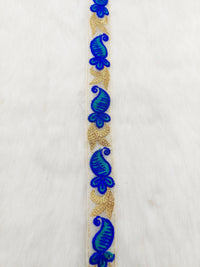 Thumbnail for Beige Tissue Fabric Trim With Blue and Gold Embroidery, Paisley Embroidery, Trim by 2 Yards