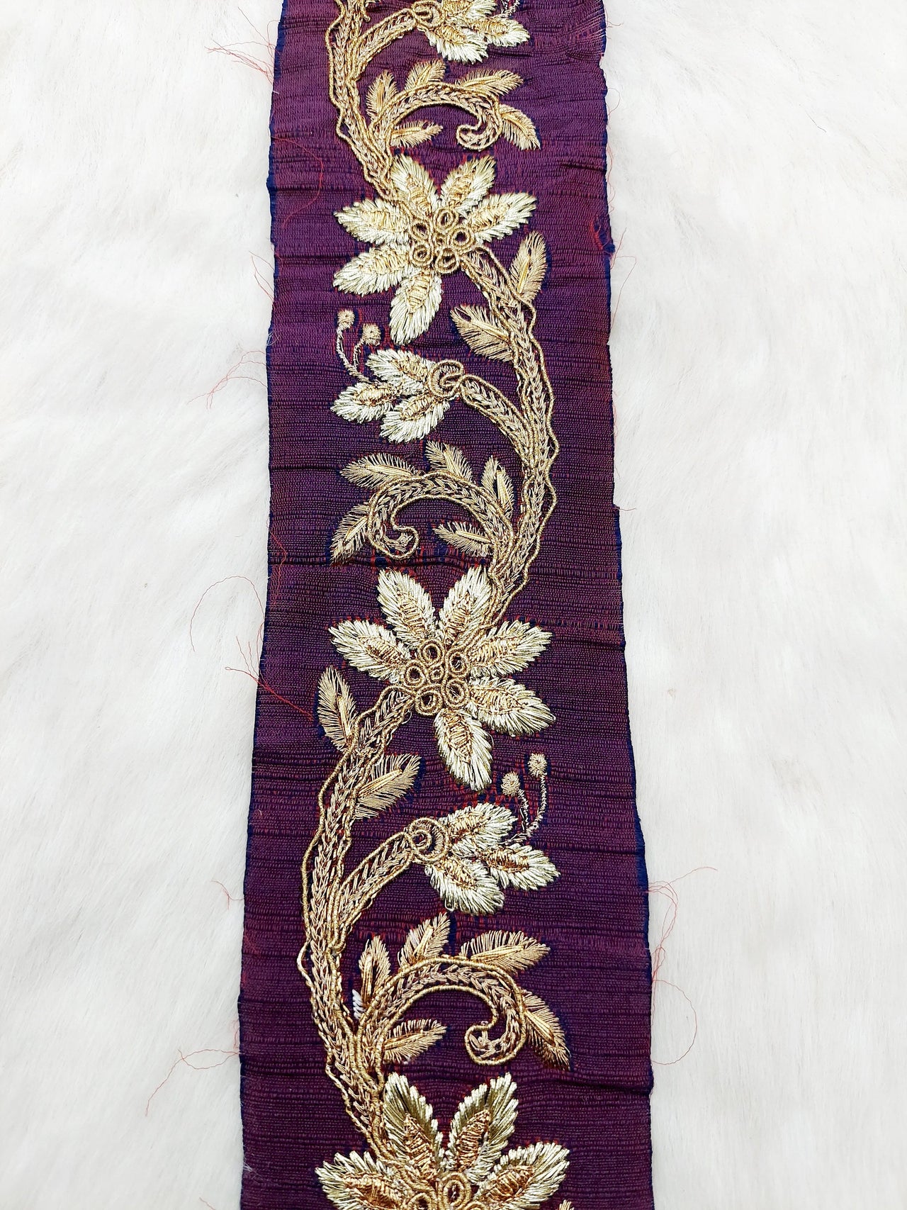 Wine Red Art Silk Fabric Trim With Gold Zari Embroidery, Floral Embroider Trimming, Trim By The Yard