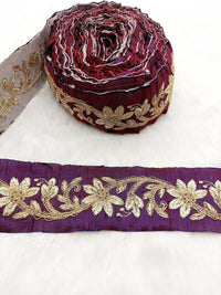 Thumbnail for Wine Red Art Silk Fabric Trim With Gold Zari Embroidery, Floral Embroider Trimming, Trim By The Yard