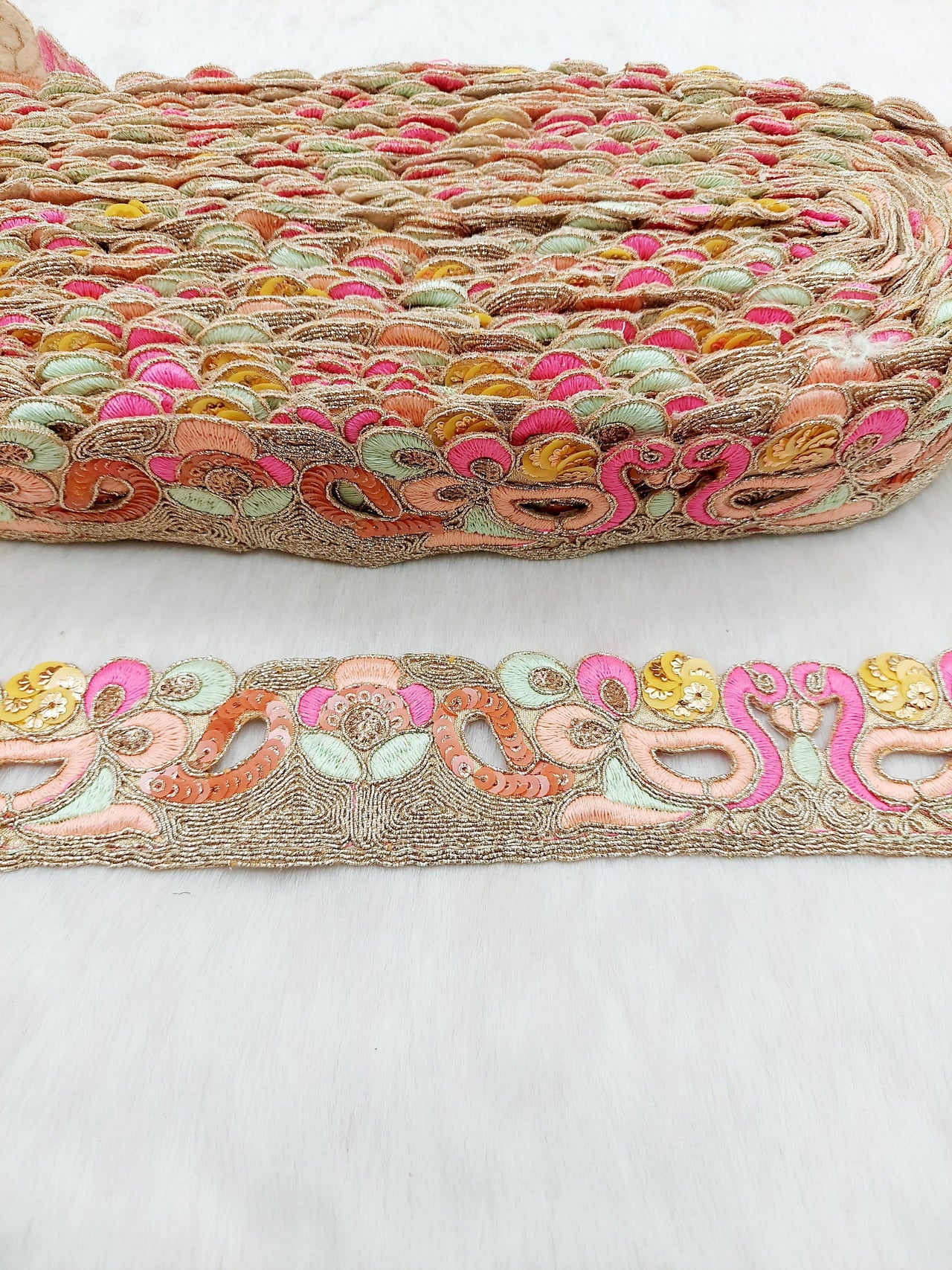 Cutwork Lace Trim With Intricate Hand Embroidered Swans In Pink and Zardozi Embroidery, Floral Trims, Sari Border