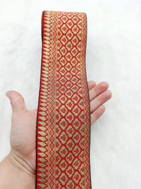Thumbnail for Jacquard Saree Border, Red And Gold Woven Thread Work Trim, Jacquard Trimming Decorative Trim