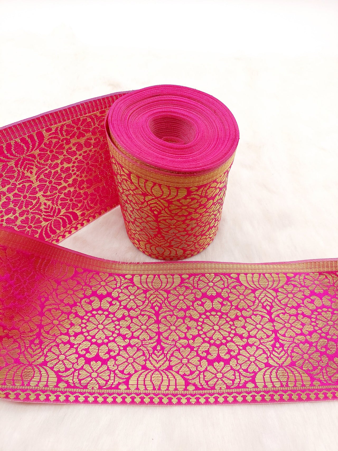 Jacquard Saree Border, Fuchsia Pink And Gold Woven Thread Work Trim, Jacquard Trimming Decorative Trim