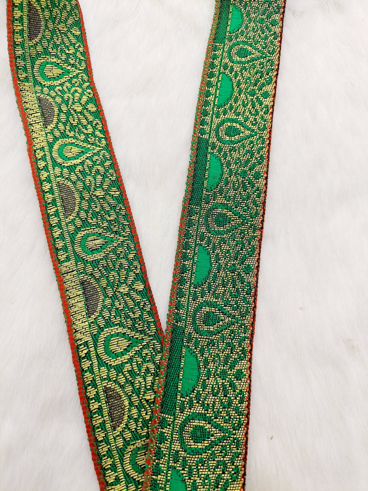 Jacquard Saree Border, Green And Gold Woven Thread Work Trim, Jacquard Trimming Decorative Trim