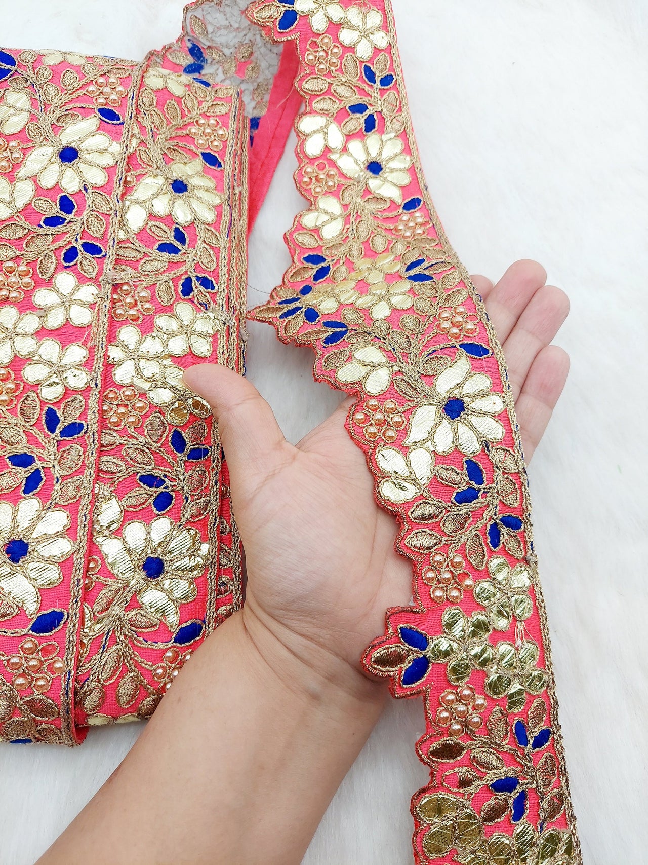 Art Silk Fabric Trim, Floral Embroidery Gold Gota Patti Indian Sari Border Trim By Yard Decorative Trim, Embroidered Indian Foil Work