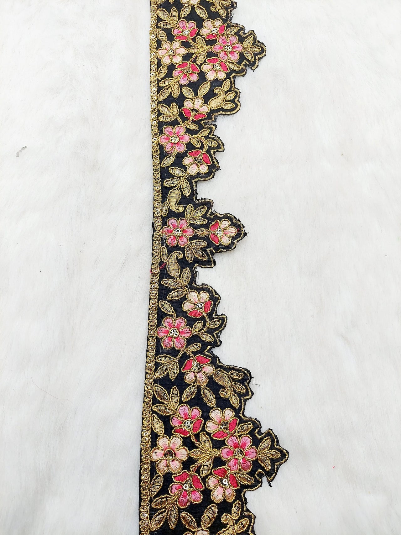 Hand Embroidered Cutwork Lace Trim In Gold Floral Embroidery, Sari Border, Trim by Yard