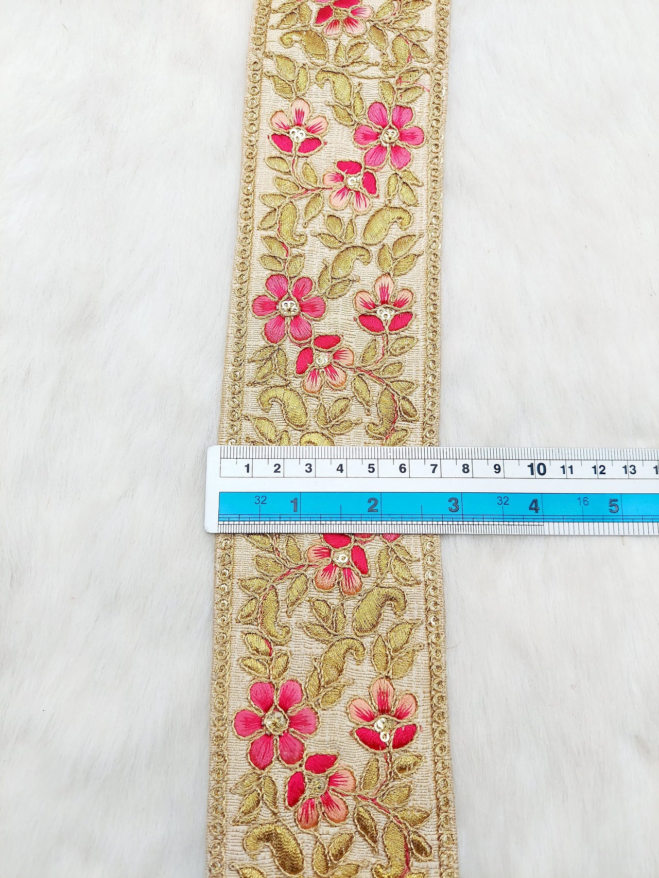 Beige Silk Fabric Trim with Gold and Pink Floral Embroidery, Sari Border Trim, Trim by Yard